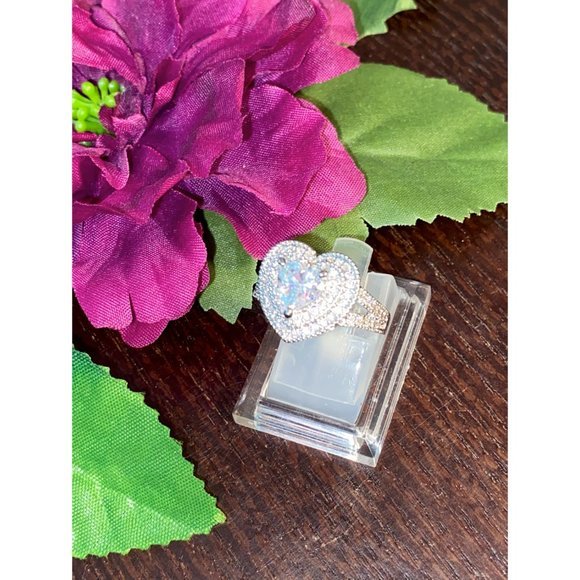Sliver CZ Layered Heart Engagement Ring - Picture 2 of 6